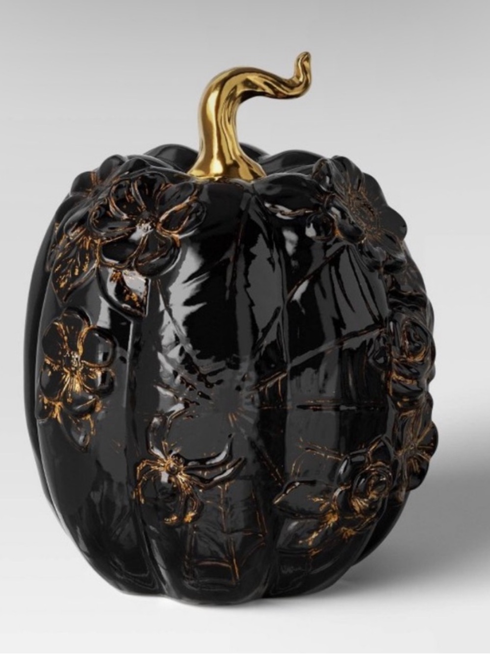 Ceramic Floral Spiderweb Pumpkin Figural Gold Stem Halloween Large- Threshold
